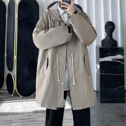 Bonsir Autumn Hooded Trench Coat Men Fashion 3 Colors Casual Oversized Long Coat Men Korean Loose Windbreaker Jacket Mens Overcoat