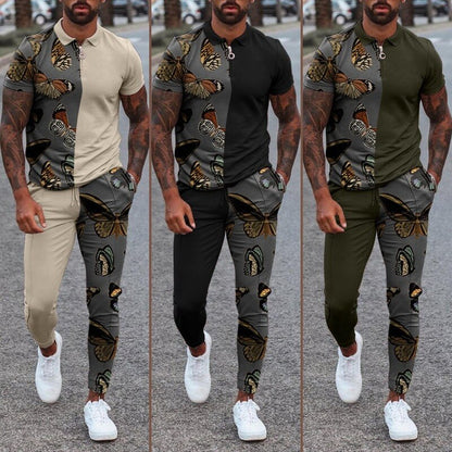 sanyamk Men Casual Two-Piece Suit Spring Autumn Zipper Pullover Top Slim Fit Lace-up Pencil Pants Trousers Streetwear Men Vintage Suit