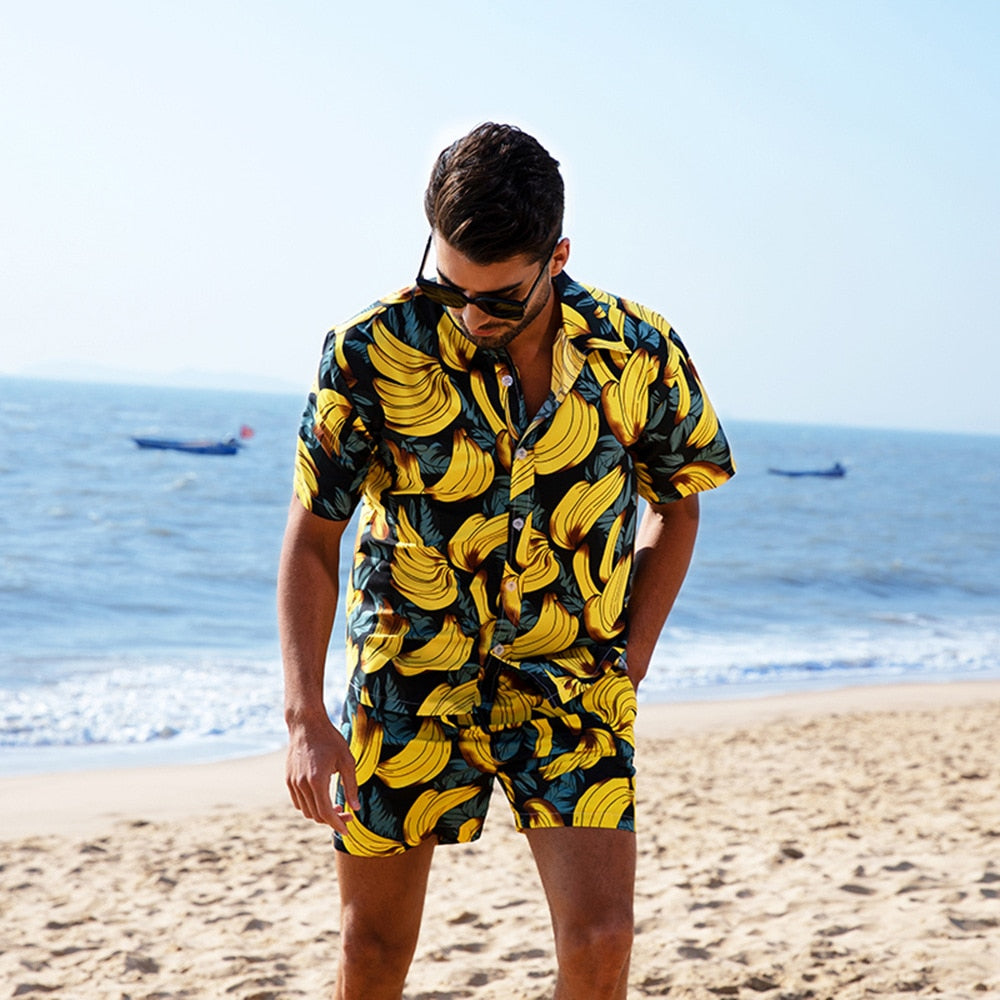 sanyamk Summer Men's Beach Casual Short Sleeve Shorts Set Fashionable Banana Print Hawaiian Vacation Lapel Floral Shirt Two-Piece Set