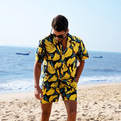 sanyamk Summer Men's Beach Casual Short Sleeve Shorts Set Fashionable Banana Print Hawaiian Vacation Lapel Floral Shirt Two-Piece Set