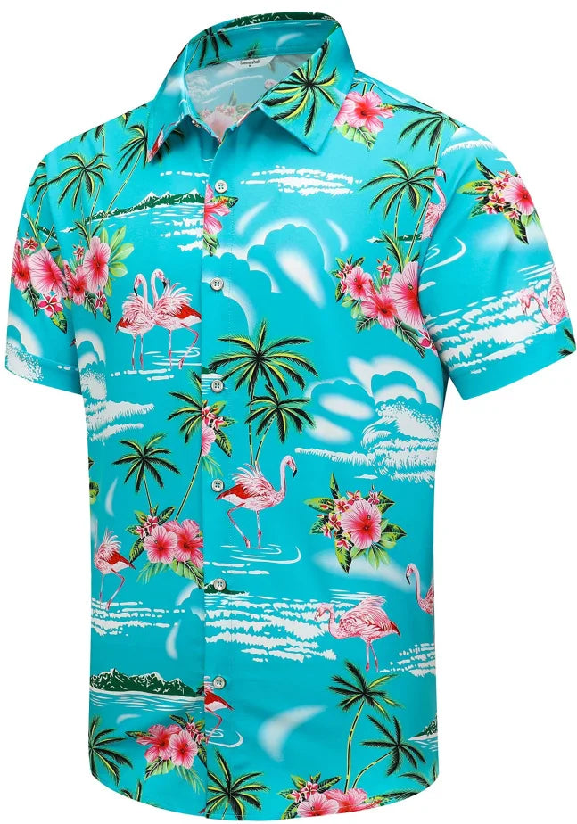 sanyamk Casual Men's Hawaiian Shirt Short-sleeved Lapel T-shirt Printed Large Size Spring and Summer Cool Top for Men