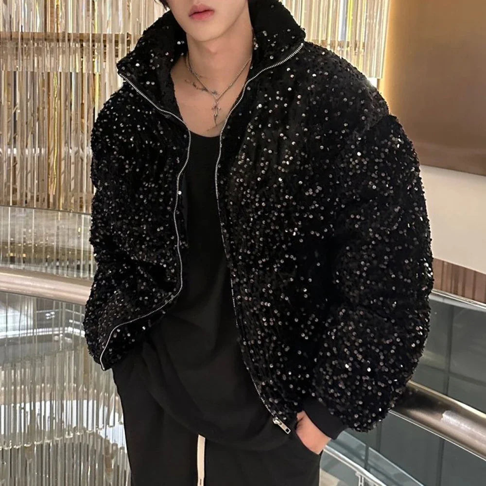 sanyamk Mens sequin casual jacket genderless 2024 new autumn winter fashion personality street trend youth thickened jacket unisex