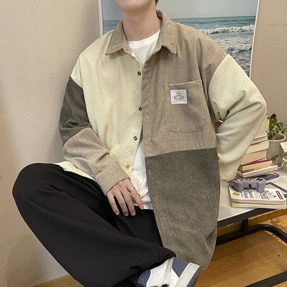 sanyamk Corduroy Shirt Men Vintage Splicing Top Oversized Long Sleeves Blouse Trend Fashion Streetwear Spring Autumn Y2K Male Clothes