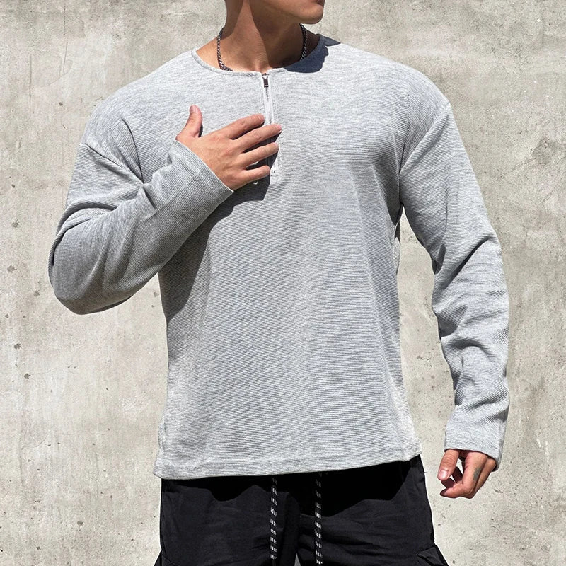 sanyamk  -  Men Clothing Casual Long Sleeve Muscle Male Pullover Simple Waffle Tops Tee t-shirt Vintage Solid Zipper Loose Gym Shirts