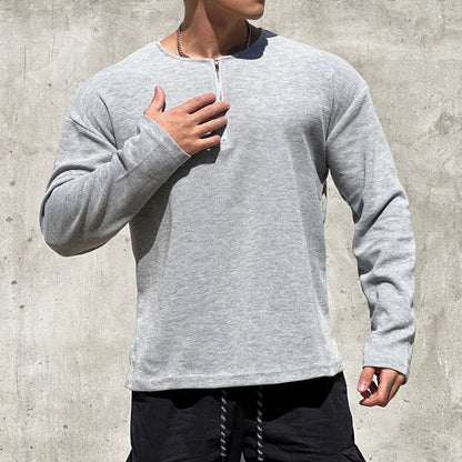 sanyamk  -  Men Clothing Casual Long Sleeve Muscle Male Pullover Simple Waffle Tops Tee t-shirt Vintage Solid Zipper Loose Gym Shirts