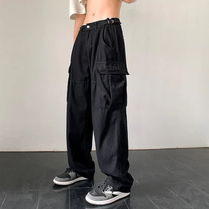 Bonsir American High Street Big Pocket Overalls Casual Pants Men and Women High Waist Slim Hip Hop Streetwear Pants