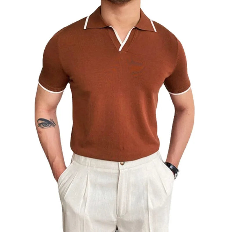 sanyamk Summer Clothing Men's Luxury Knitted Short Sleeve Polo Shirt Casual Lapel V Neck Solid Color Breathable Fashion Leisure Knitwear