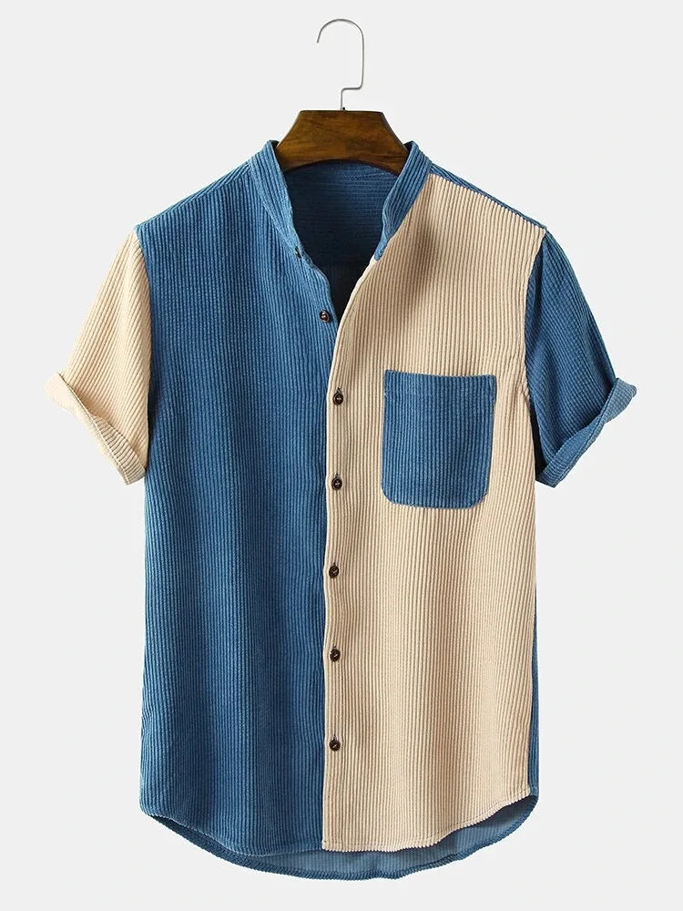 sanyamk Patchwork Youth Lapel Short-sleeved Shirt Corduroy Standing Collar Striped Menswear for Men