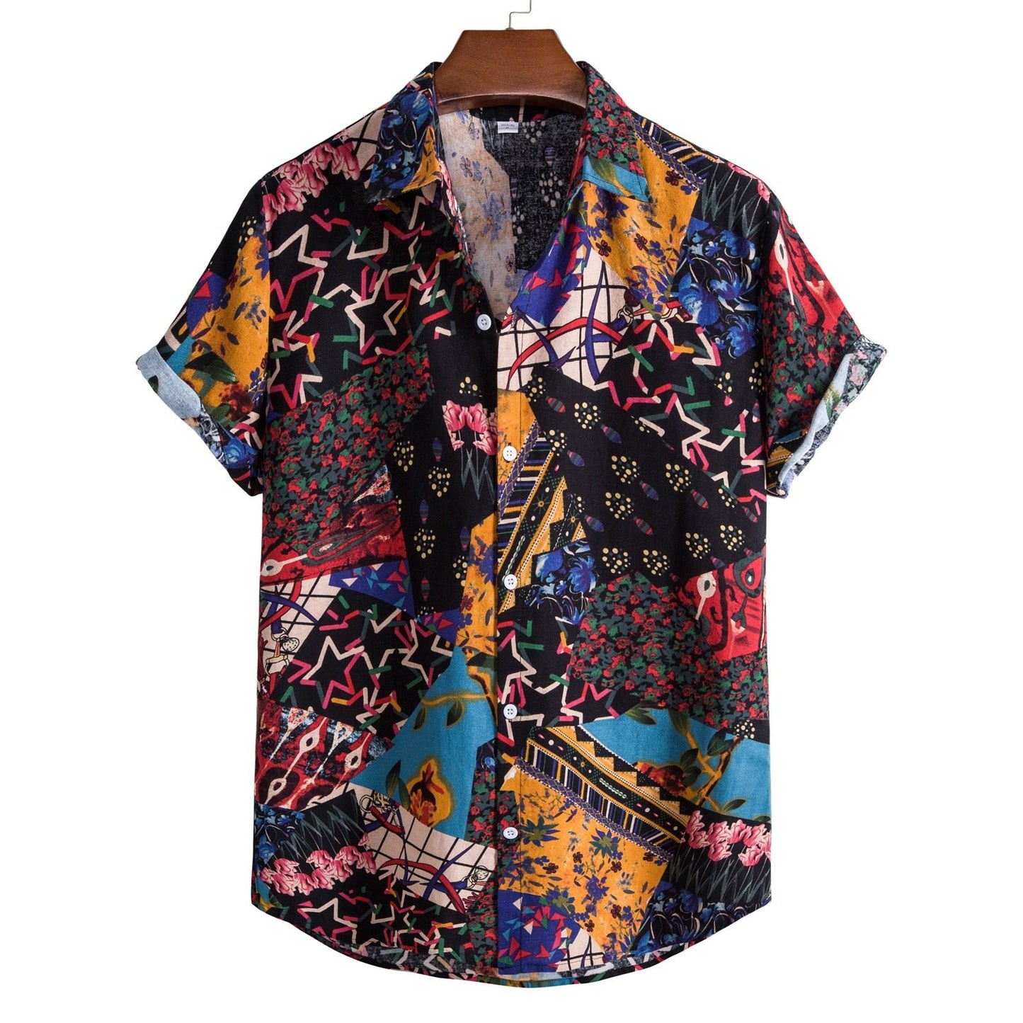 sanyamk Men's Shirts Vintage Ethnic Style Lattice Printing Summer Casual Streetwear Stand Collar Short Sleeve Loose Mens Hawaiian Shirt