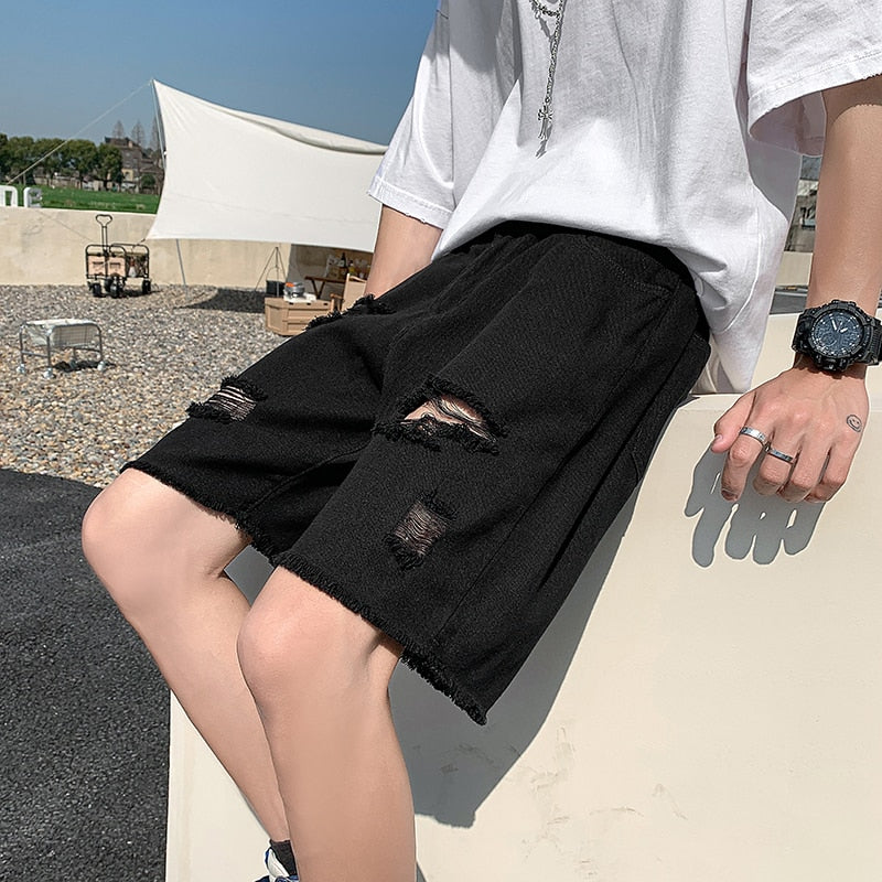 Bonsir Summer Blue/Black Hole Denim Shorts Men Fashion Casual Ripped Denim Shorts Mens Streetwear Hip Hop Loose Jeans Shorts Men M-3XL