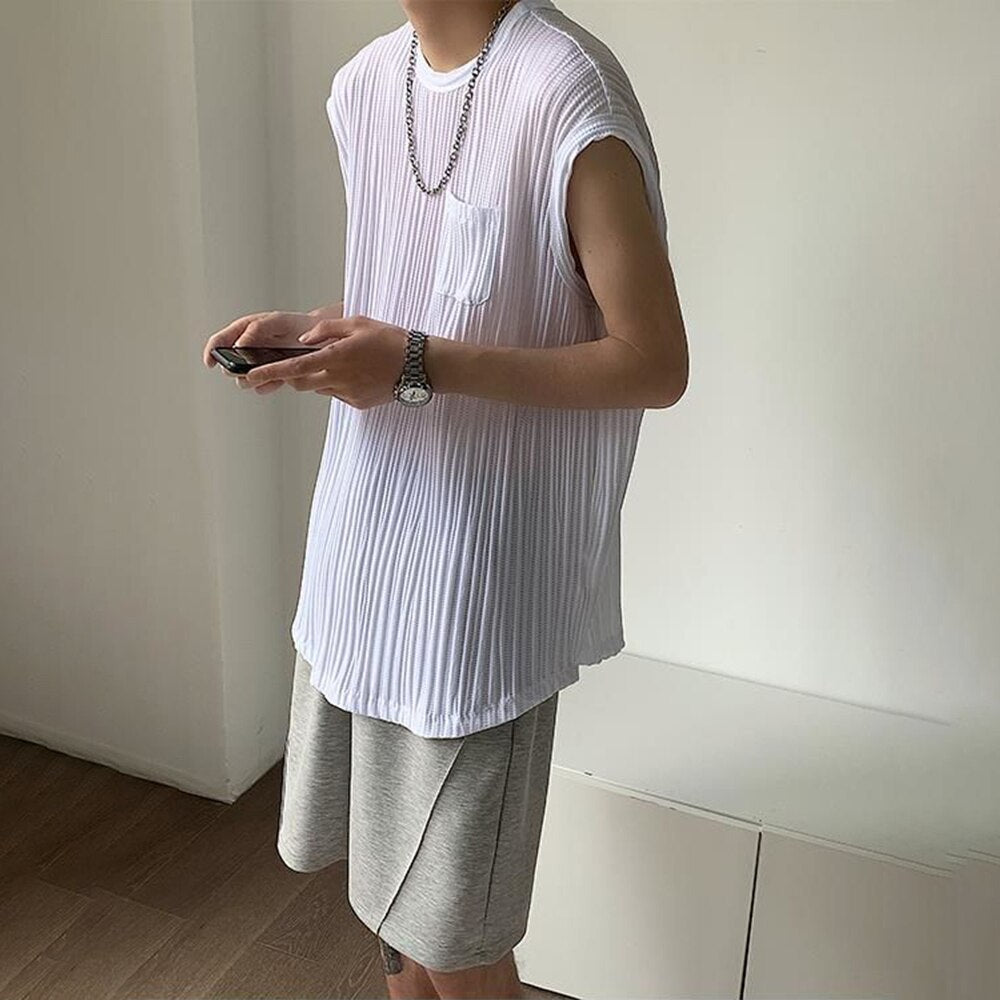 Bonsir Summer Casual Pleated Sleeveless Vest Men's Trend Sexy Sleeveless Tee Shirts Korean Loose Tabk Tops Solid All-match Streetwear