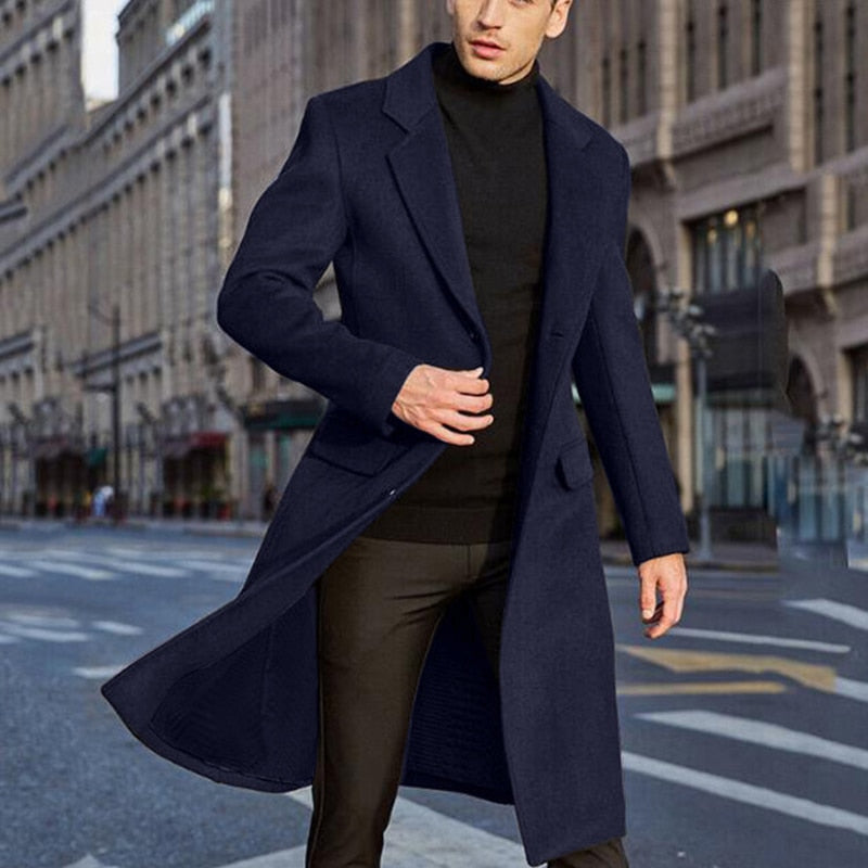 Bonsir Fashion Male Thick Notch Collar Woolen Coats Long Sleeve Midi Jackets Clothing Streetwear Vintage Solid Buttoned Blazer Jackets