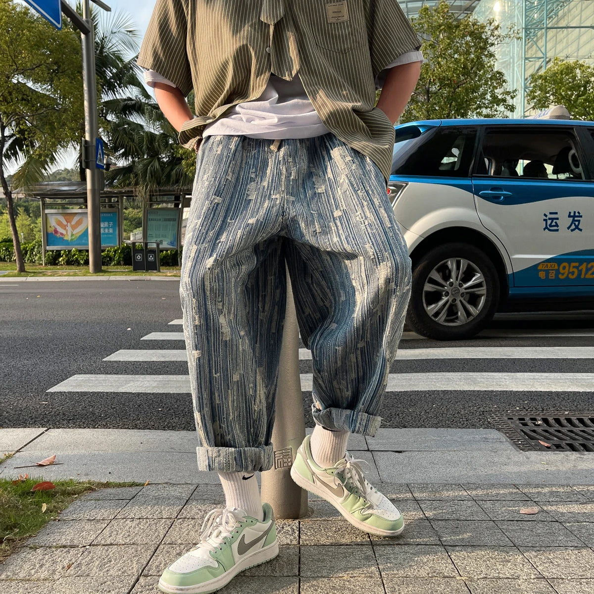 sanyamk  -  Light Blue Jacquard Jeans Men Spring New Street Handsome Loose Pants Men Elastic Waist Straight Vintage Denim Pants