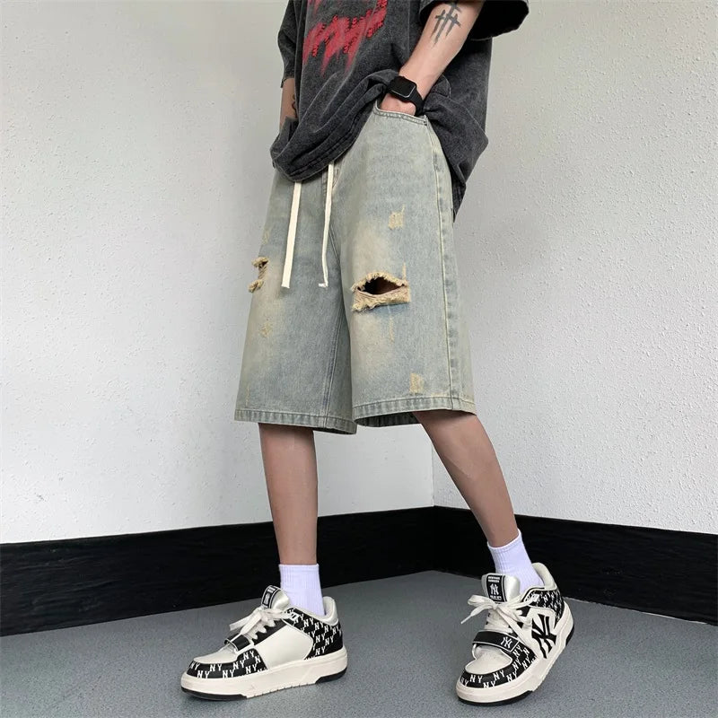 sanyamk Black Baggy Men Jeans Shorts Ripped Summer Japanese Hip Hop Streetwear Harajuku Denim Bermuda Masculina