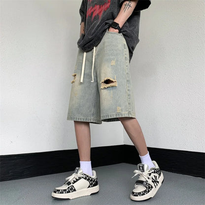 sanyamk Black Baggy Men Jeans Shorts Ripped Summer Japanese Hip Hop Streetwear Harajuku Denim Bermuda Masculina