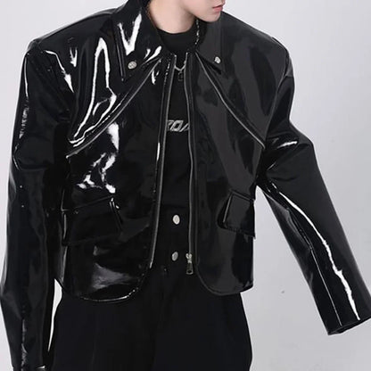 sanyamk Mens Jacket Shiny Leather Jacket Handsome Performance Stage Outfit Autumn Elegant British Excellent Patent Leather Jacket