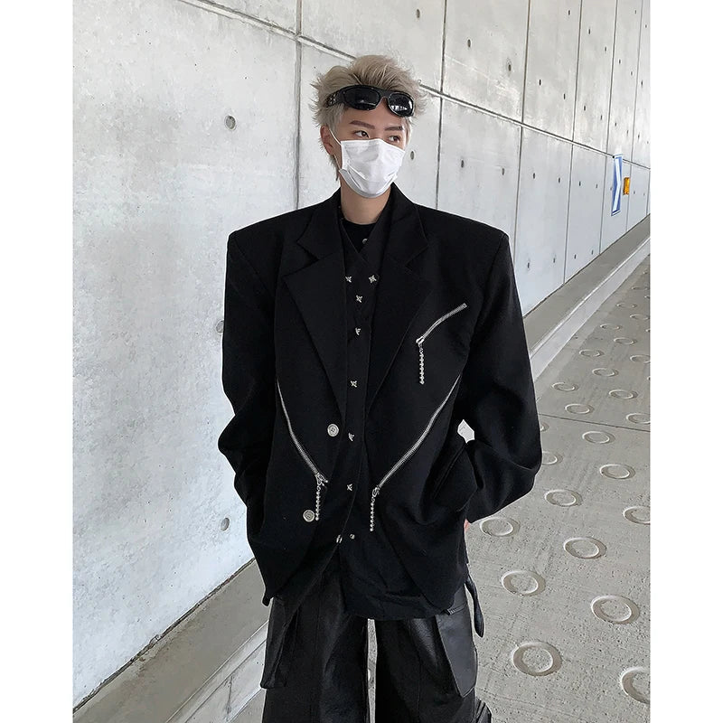 sanyamk Oversized Black Blazer Men High-end Fashion Leisure Suit Jackets Multi-zippers Male Streetwear Casual Korean All-match Suit