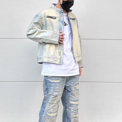 sanyamk Y2k Streetwear Washed Biker Jeans jackets for Men and Women Zipper Pocket Ropa Hombre Windbreaker Denim Coat Oversized