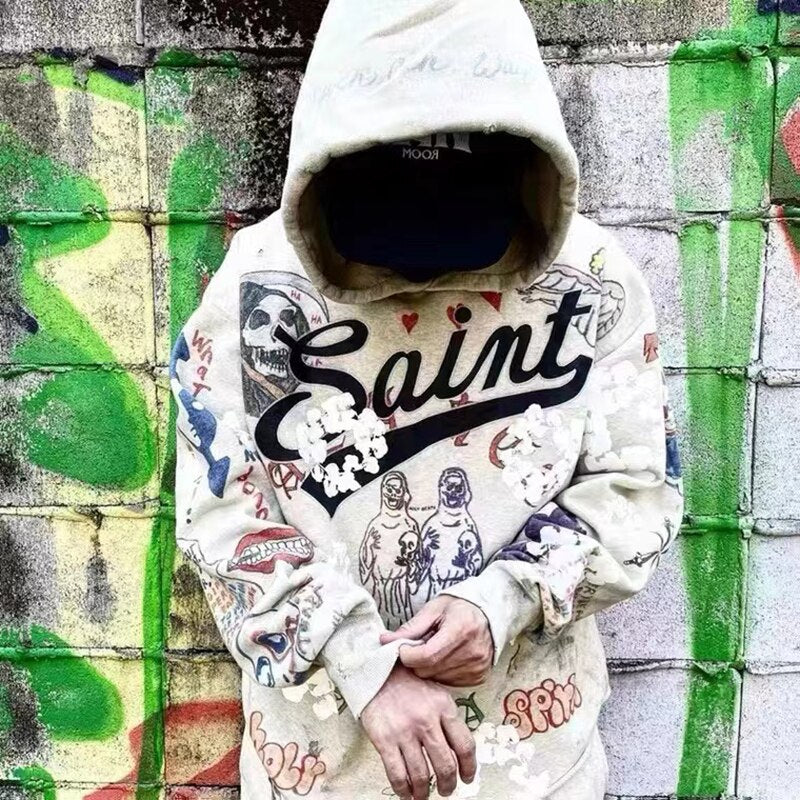 sanyamk Harajuku Retro Kapok Graffit Casual Hooded Hoodies Men and Women Streetwear Oversized Terry Sweatshirts Loose Hip Hop Hoody