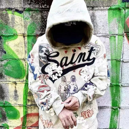 Bonsir Harajuku Retro Kapok Graffit Casual Hooded Hoodies Men and Women Streetwear Oversized Terry Sweatshirts Loose Hip Hop Hoody