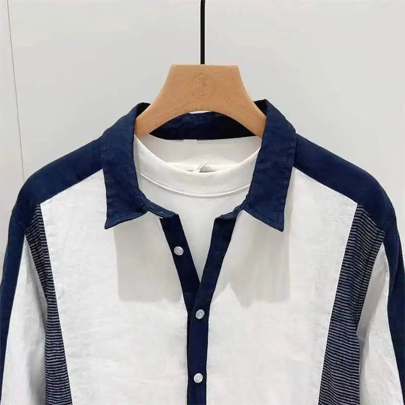 sanyamk Fashion Patchwork Cotton Linen Shirts For Men Half sleeve Turn-down Collar Loose Tops Summer Vintage Casual Shirt Streetwear