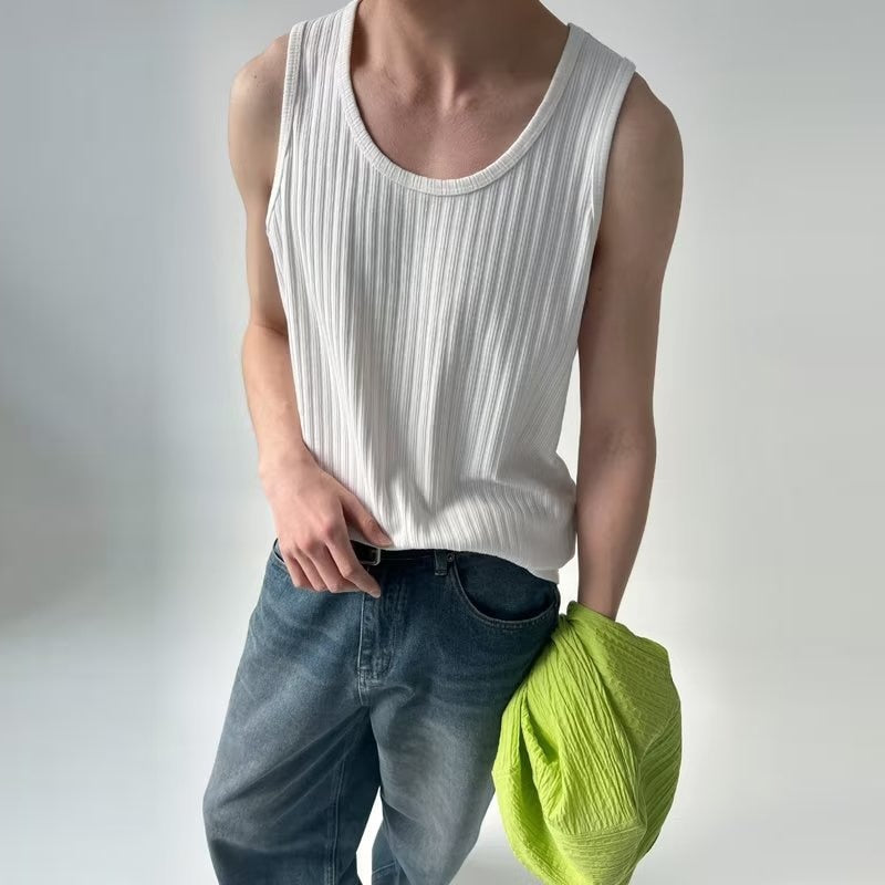 Bonsir Leisure Pure Color Ribbed Tank Tops Men Fashion Loose O Neck Sleeveless Camisole New Summer Streetwear Mens Casual Sports Vest