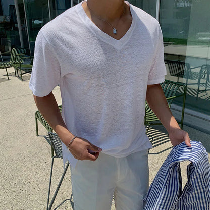 sanyamk  -  Daily Casual Simple Solid Color Mens White T Shirt Summer Fashion V Neck Short Sleeve T-shirts Men Stylish Slim Fit Pullover Tee