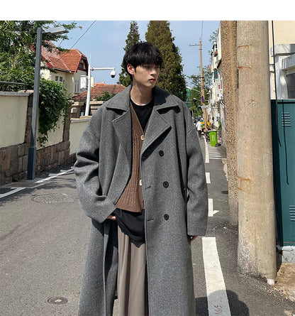 Bonsir Autumn/Winter Mid Length Woolen Coat Men's Thickened Windbreaker Overcoat Loose Large Handsome Parka Fashion Daily Men Clothing