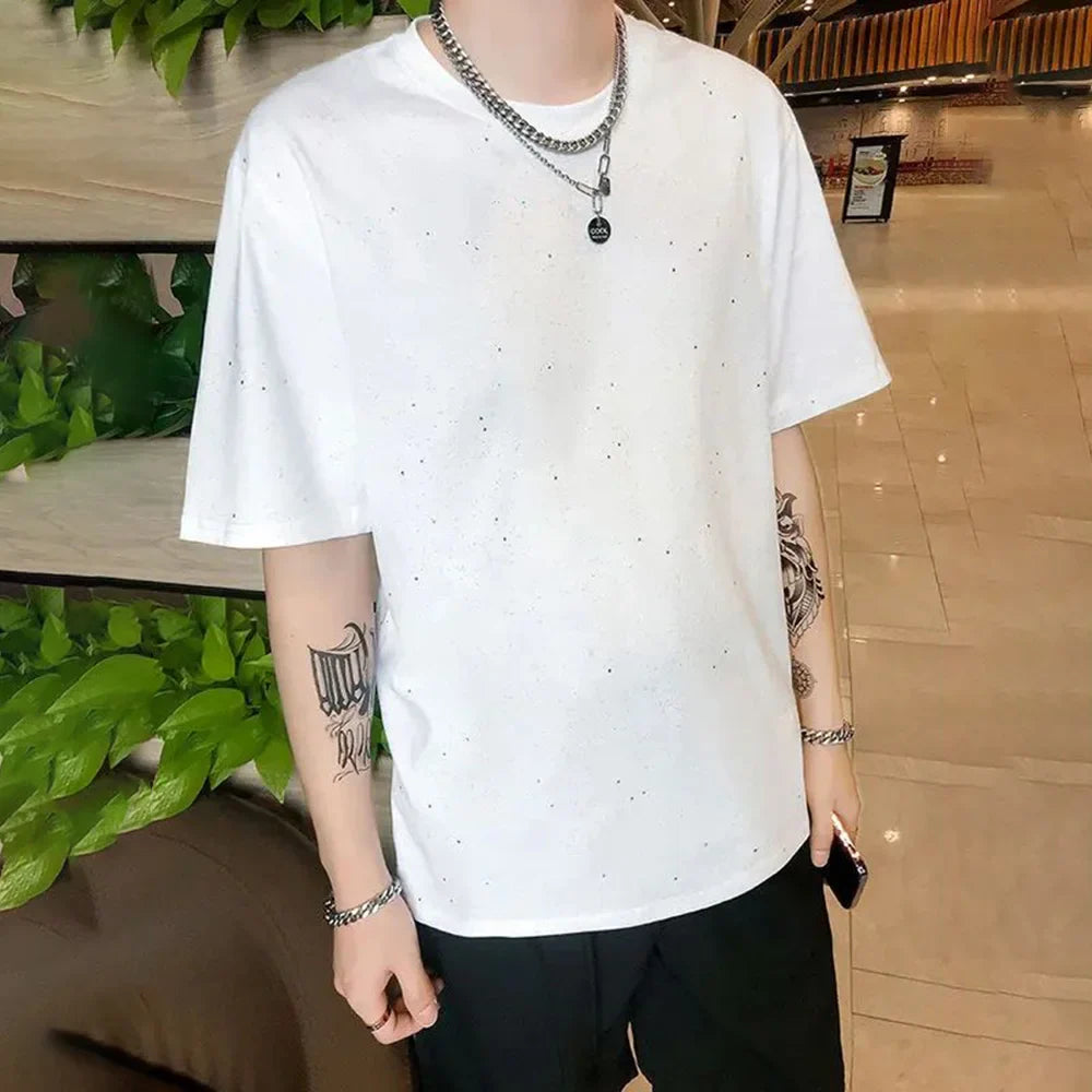 Bonsir Summer New Casual T Shirt Korean Fashion Solid Nightclub Sequins Short Sleeves Tops Trendy Loose O Neck Streetwear Pullover Tees