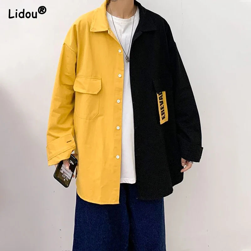 sanyamk  New Spring and Autumn Leisure Simple Flip Collar Letter Print Panel Contrast Loose Oversized Long Sleeved Men's Shirt Coat