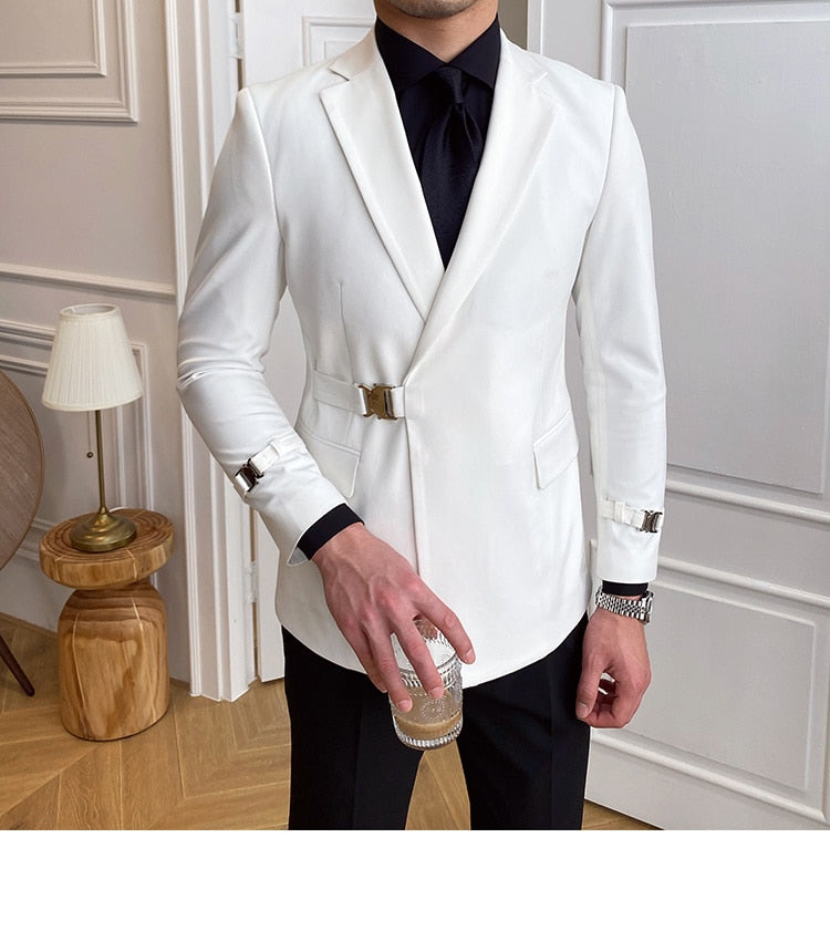 sanyamk Solid Metal Buckle Decoration Blazer For Men Party Wedding Banquet Blazer Italian Designer Suit Jacket Slim Fit Blazer Homme