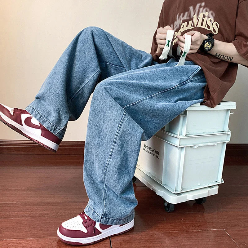 sanyamk Ripped Casual Men Jeans Pants Straight Wide Leg Harajuku Oversize Streetwear Denim Trousers