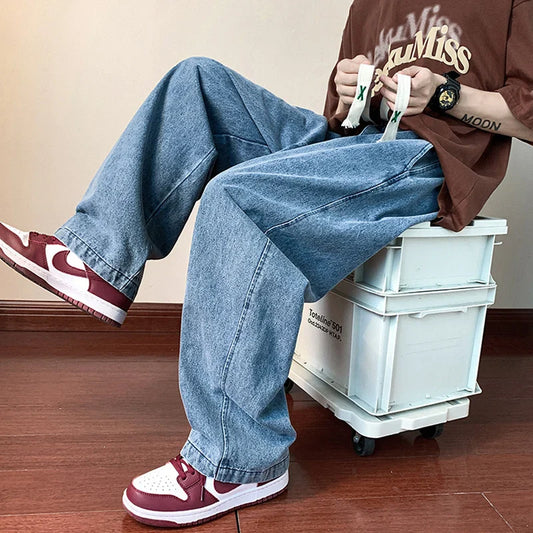 sanyamk Ripped Casual Men Jeans Pants Straight Wide Leg Harajuku Oversize Streetwear Denim Trousers