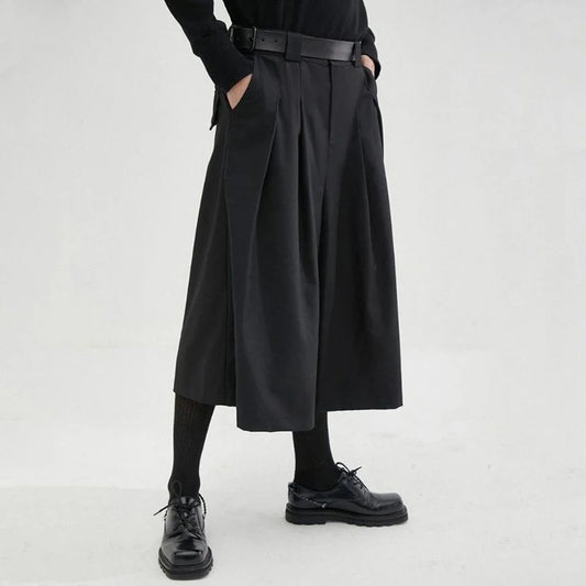 Bonsir Mens Dark Style Casual Solid Color Culottes Genderless Fashion Youth Trend Street Loose Cropped Wide Leg Trousers Unisex