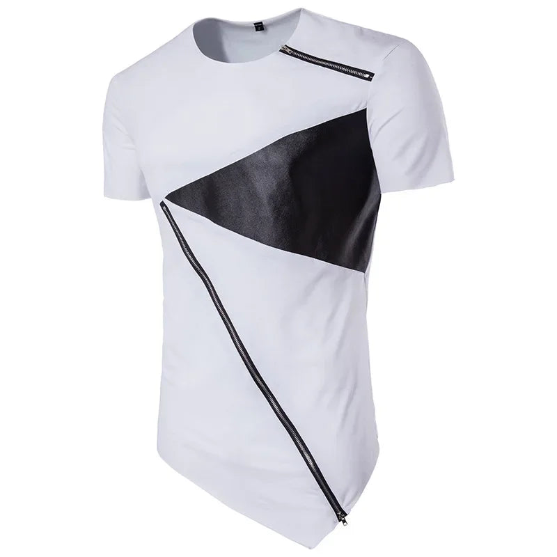 sanyamk T Shirt Men 2024 Personality tailoring Long Patchwork Leather Zipper T-shirt Men Hiphop Short Sleeve Longline Casual Top Tee