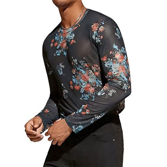 Bonsir Vintage Slim Elastic Mesh T Shirts Men Sexy Transparent Thin Basic T-shirt Streetwear Fashion Floral Print Long Sleeve Tee Mens