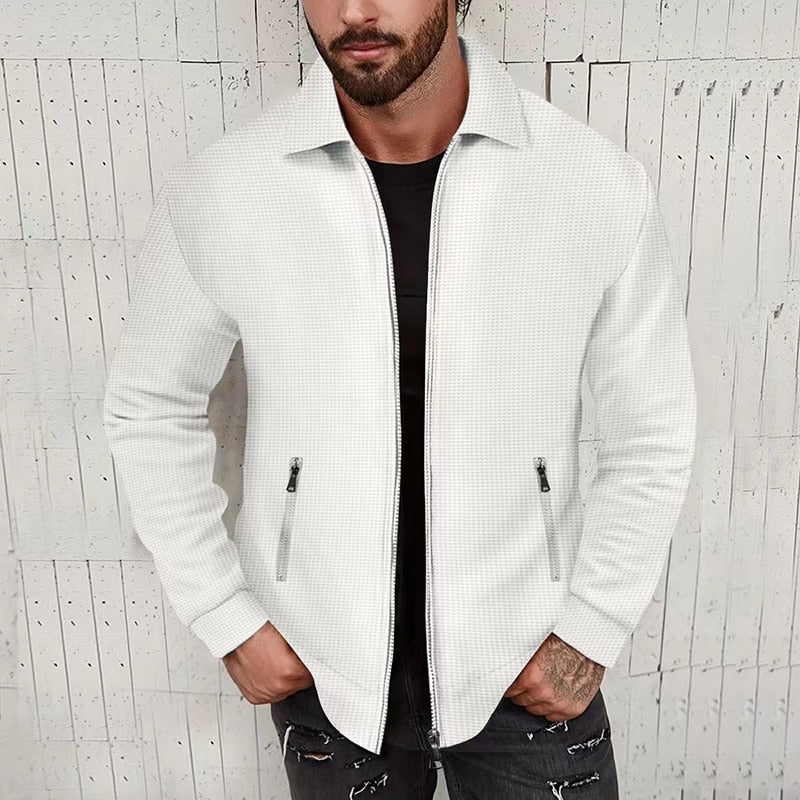 Bonsir Streetwear Zip Coats For Men Clothing Vintage Lapel Collar Solid Jackets Fashion Men Waffle Jacket Autumn Classic Outerwear