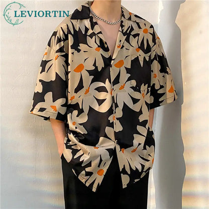 sanyamk Men's Light Mature Summer Beach Thin Blouse Shirt Hip Hop Versatile Casual Short Sleeve Fashion Male Loose Flower Print Shirts