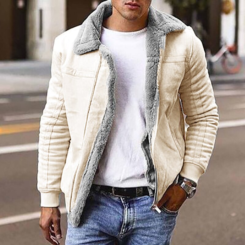 Bonsir Winter Solid Warm Velvet Long Sleeve Composite Jackets Coat Men Vintage Turn-down Collar Zip-up Coats Men's Fashion Streetwear