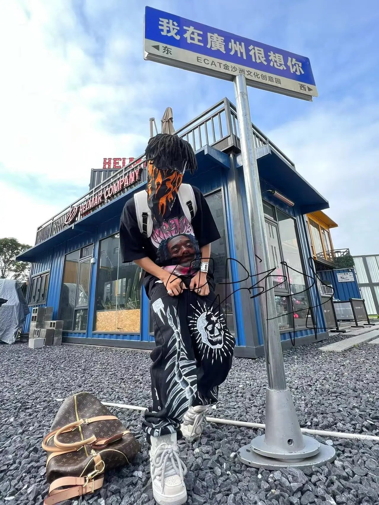 sanyamk Workshop American China-Chic Hip Hop Skull Straight Tube Denim camo jogger vintage army Pants Black New Fashion trouser