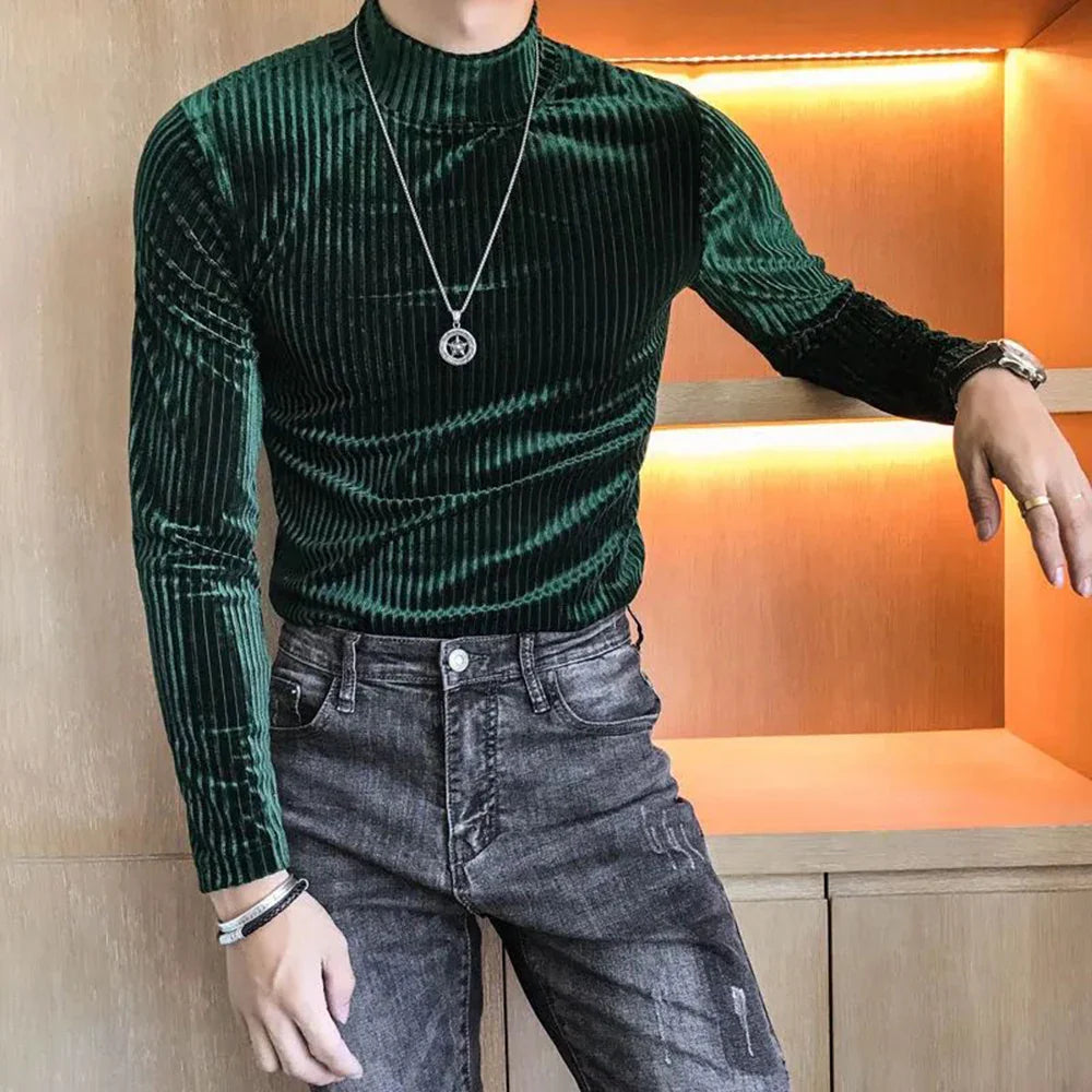 sanyamk Velvet Turtleneck T-Shirt 2023 Spring Fall Slim Striped Casual Tops Men Long Sleeve Tight Tee Shirts Club Costume Camiseta Homme