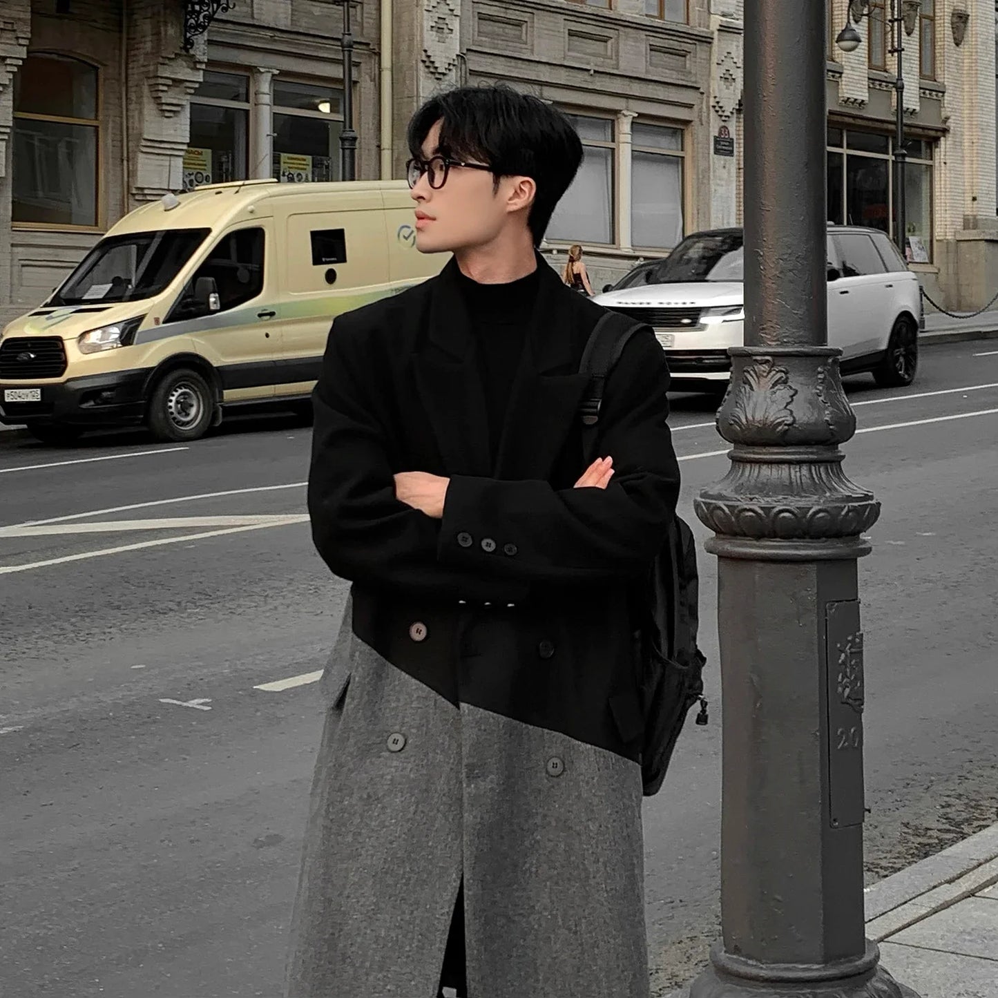 sanyamk Autumn Winter Korean Long Woolen Trench Coat Men Fashion Black Gray Contrast Color Patchwork Windbreaker Overcoat