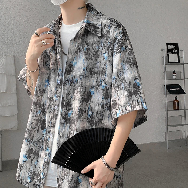 sanyamk Men Ice Silk Smooth Shirt Spring Summer Thin Luxury Loose Korean Casual Shirt Beach Trendy Floral Draping Shirts Plus Size 5XL-M