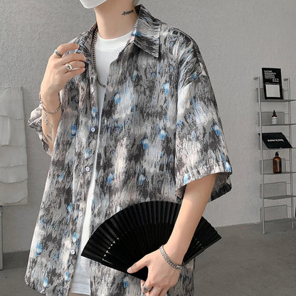 sanyamk Men Ice Silk Smooth Shirt Spring Summer Thin Luxury Loose Korean Casual Shirt Beach Trendy Floral Draping Shirts Plus Size 5XL-M