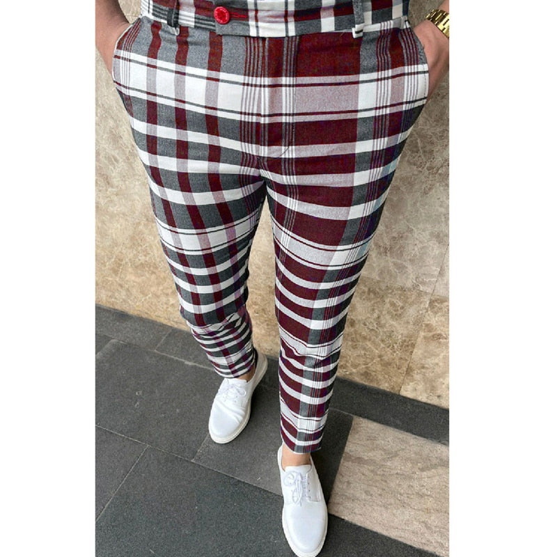 Bonsir Vintage Plaid Print Slim Pencil Pants Men Casual Mid Waist Straight Trousers 2023 Spring Fall Leisure Mens Long Pant Streetwear