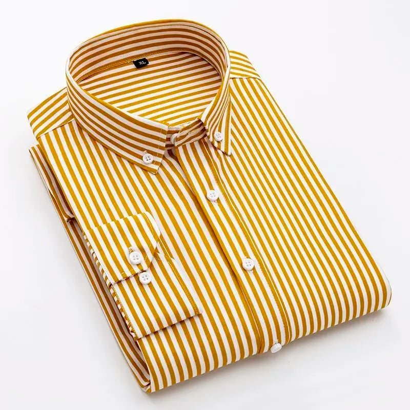 sanyamk New Spring and Autumn Long Sleeve Slim Fit Thin Casual Business Stripe Polo Collar Panel Button Pocket Oversize Men's Shirt