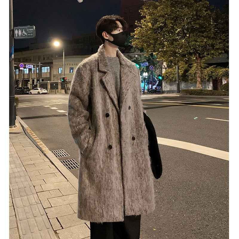 sanyamk Korean Style Medium-length Men's Trench Autumn Winter High Quality Loose Casual Woolen Coat Trendy Overcoat Khaki/Dark Gray