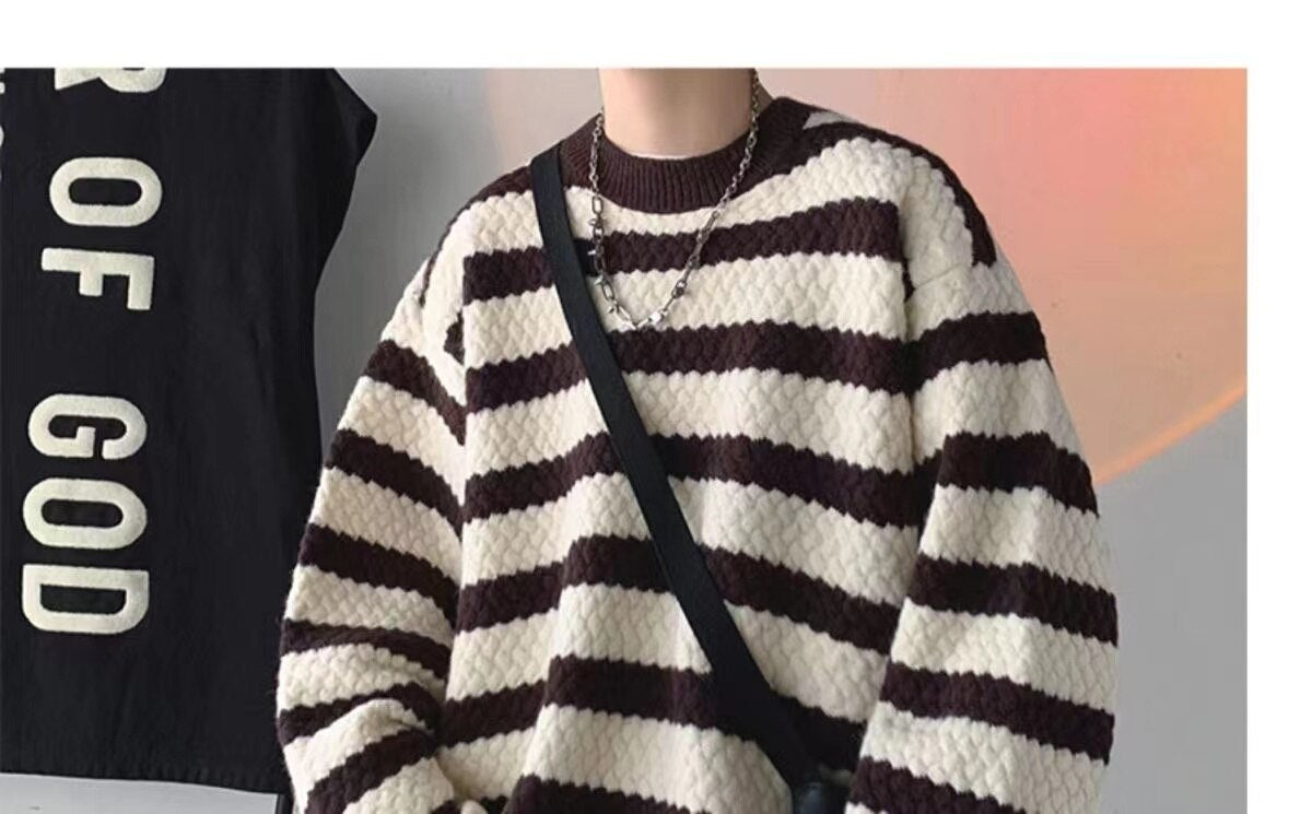 sanyamk Winter Men's Stripe Printing Coats Round Neck Wool Sweater Retro Loose Pullover Fashion Trend Thickened Knitting M-2XL