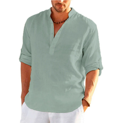 sanyamk Summer New Cotton And Linen Stand-Up Collar Buckle Half Placket Simple Short-Sleeved Shirt Men'S Loose Top Handsome T-Shirt