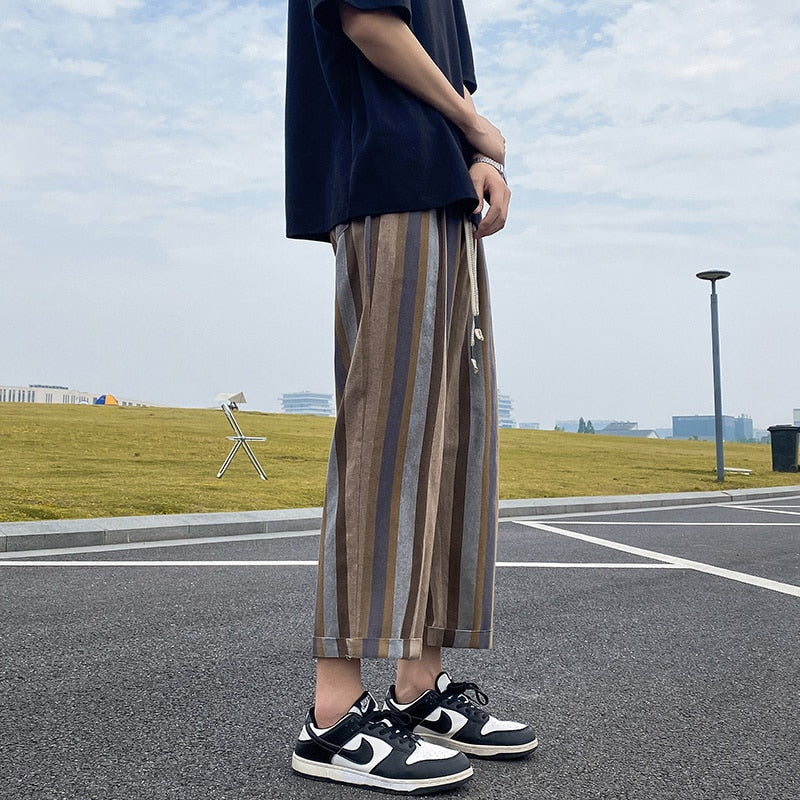 Bonsir Summer Casual Pants Men Fashion Retro Straight Pants Men Streetwear Hip-hop Loose Striped Pants Mens Trousers Large Size M-5XL